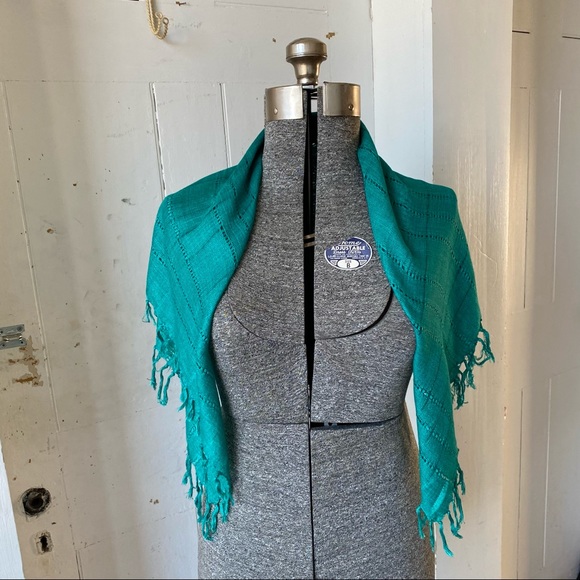 Turquoise Openwork Fringe Rayon Rectangle Scarf - Picture 3 of 11